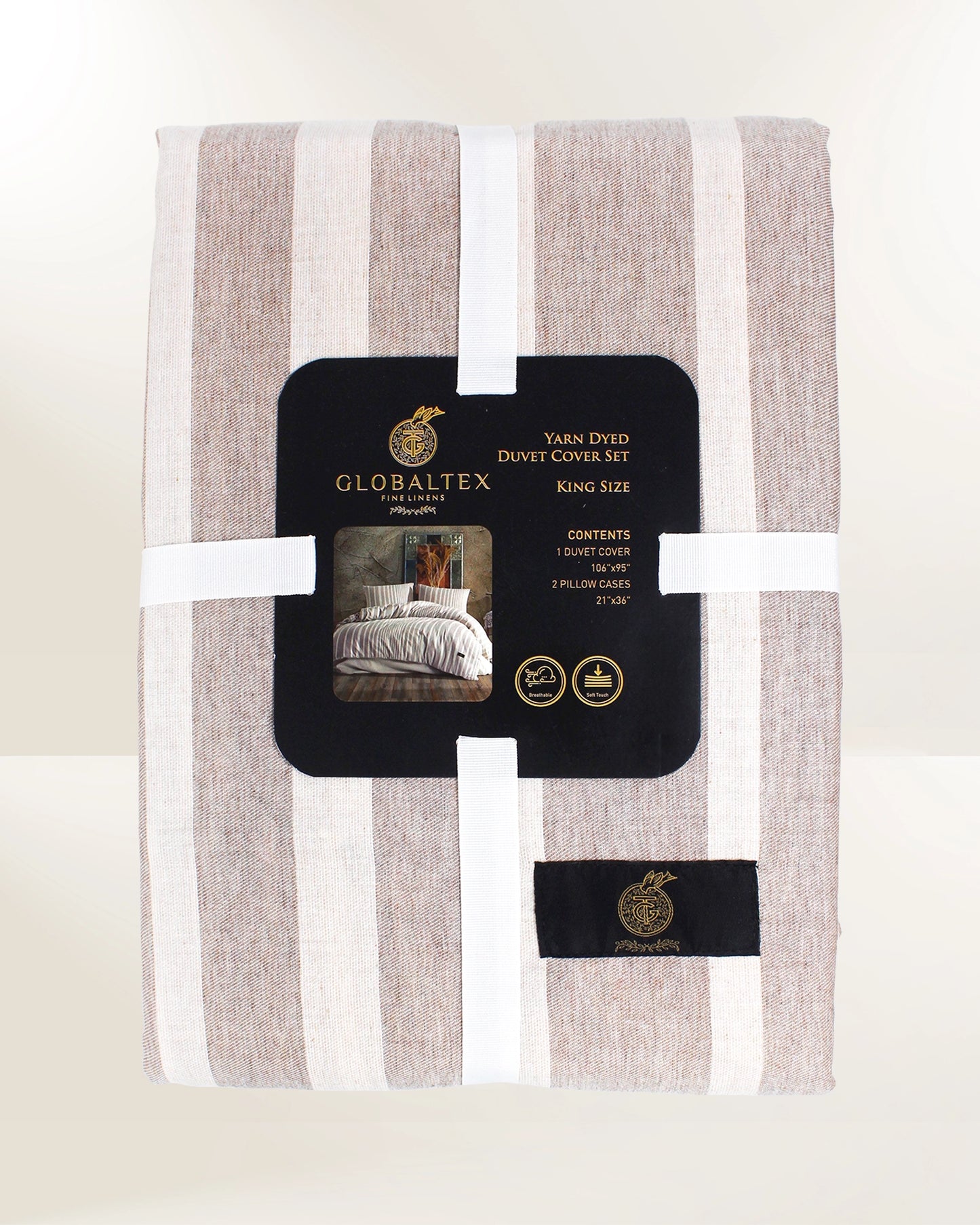 Light Brown Bedding Set With Beige Stripes